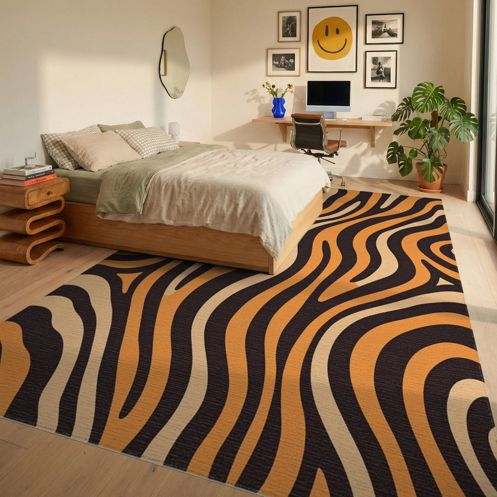 Bold Orange Wave Curve Rug Bedroom View