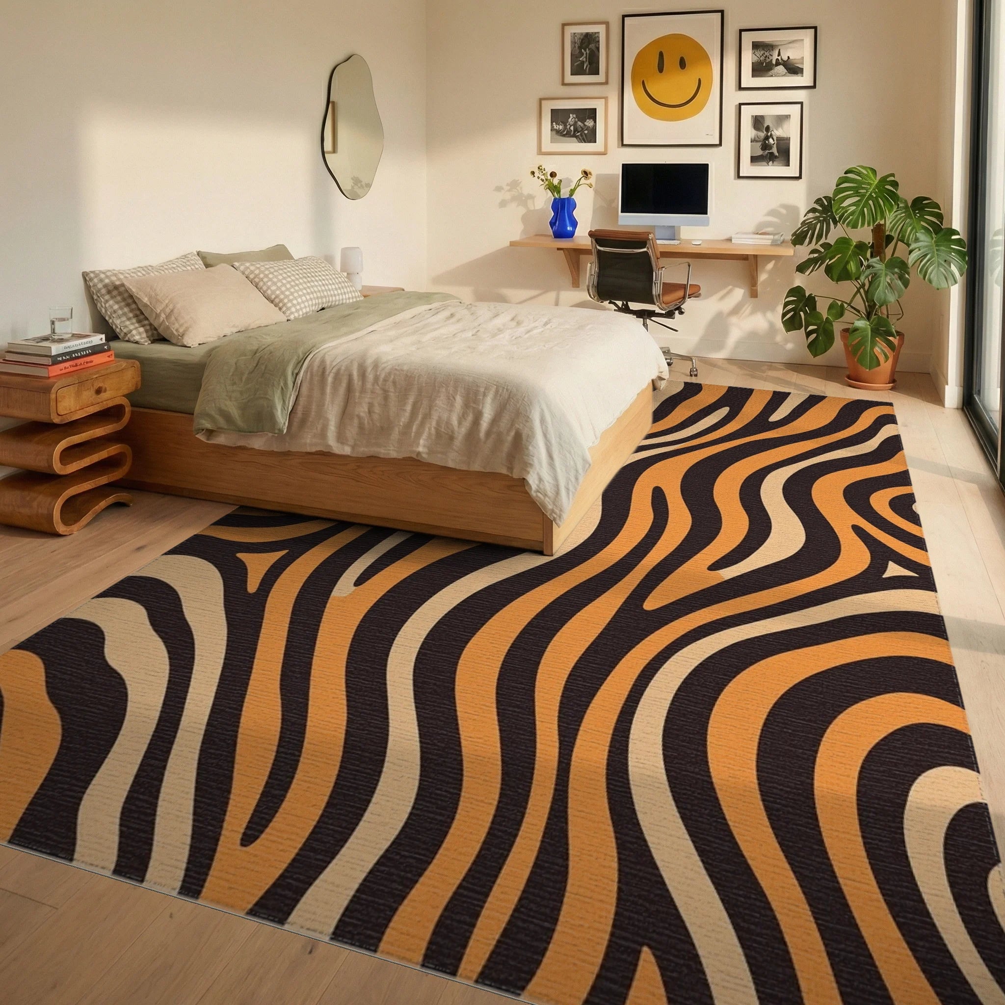 Bold Orange Wave Curve Rug Bedroom View