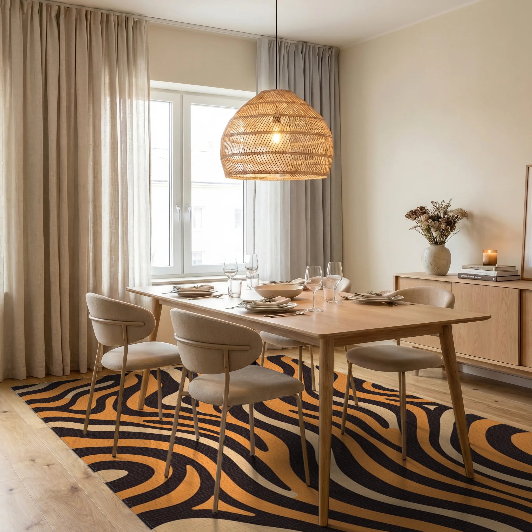 Bold Orange Wave Curve Rug Dining Room View