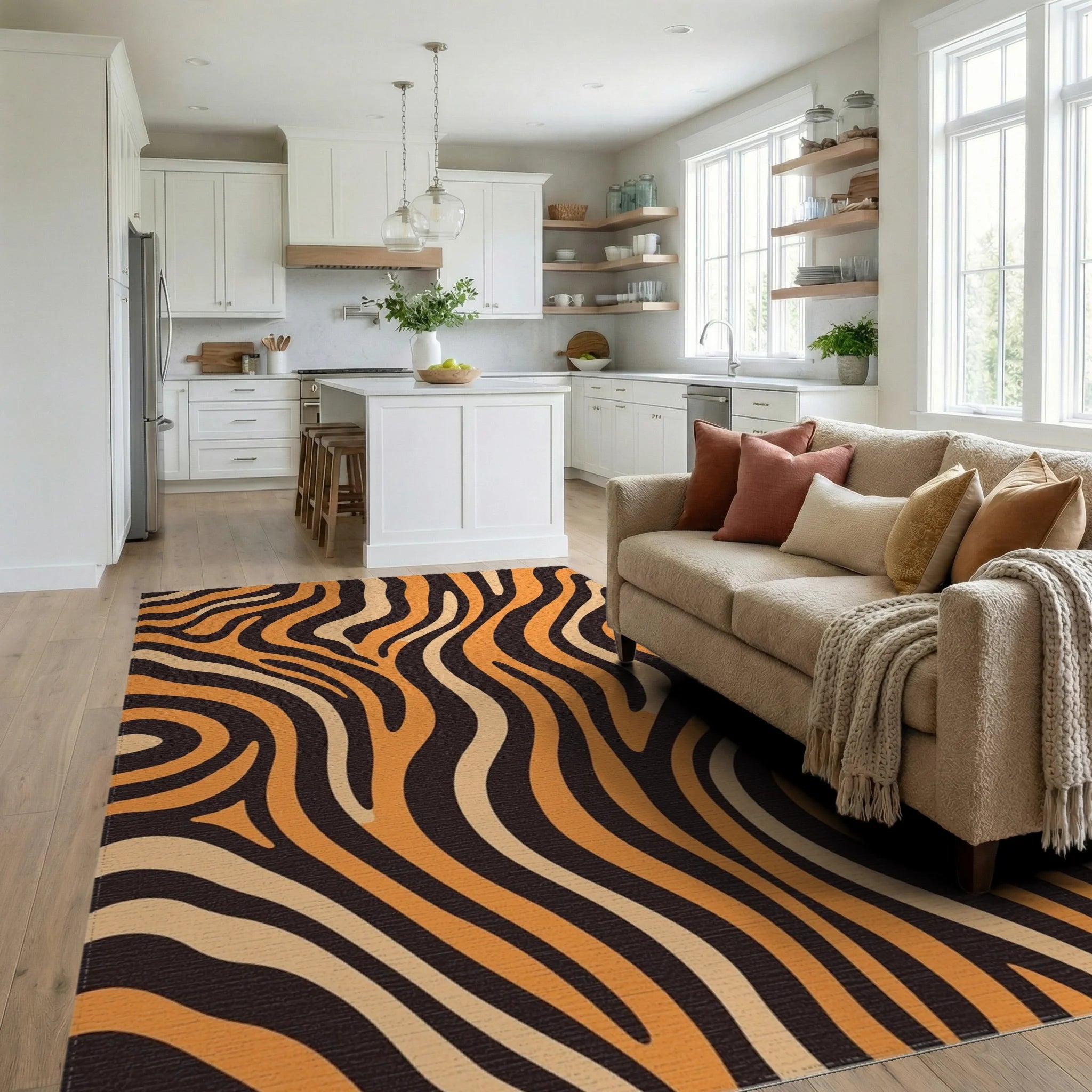 Bold Orange Wave Curve Rug Living Room View