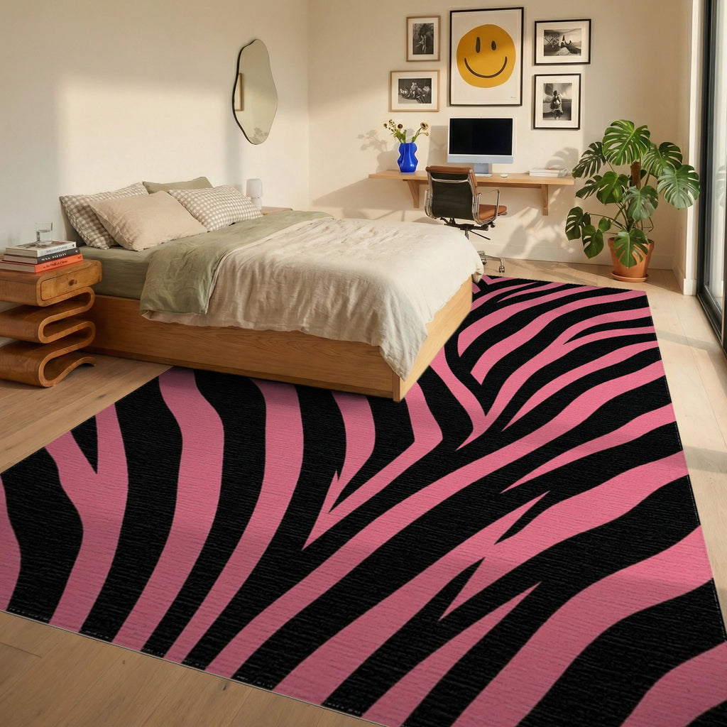 Bold Pink and Black Zebra Stripe Rug Bedroom View