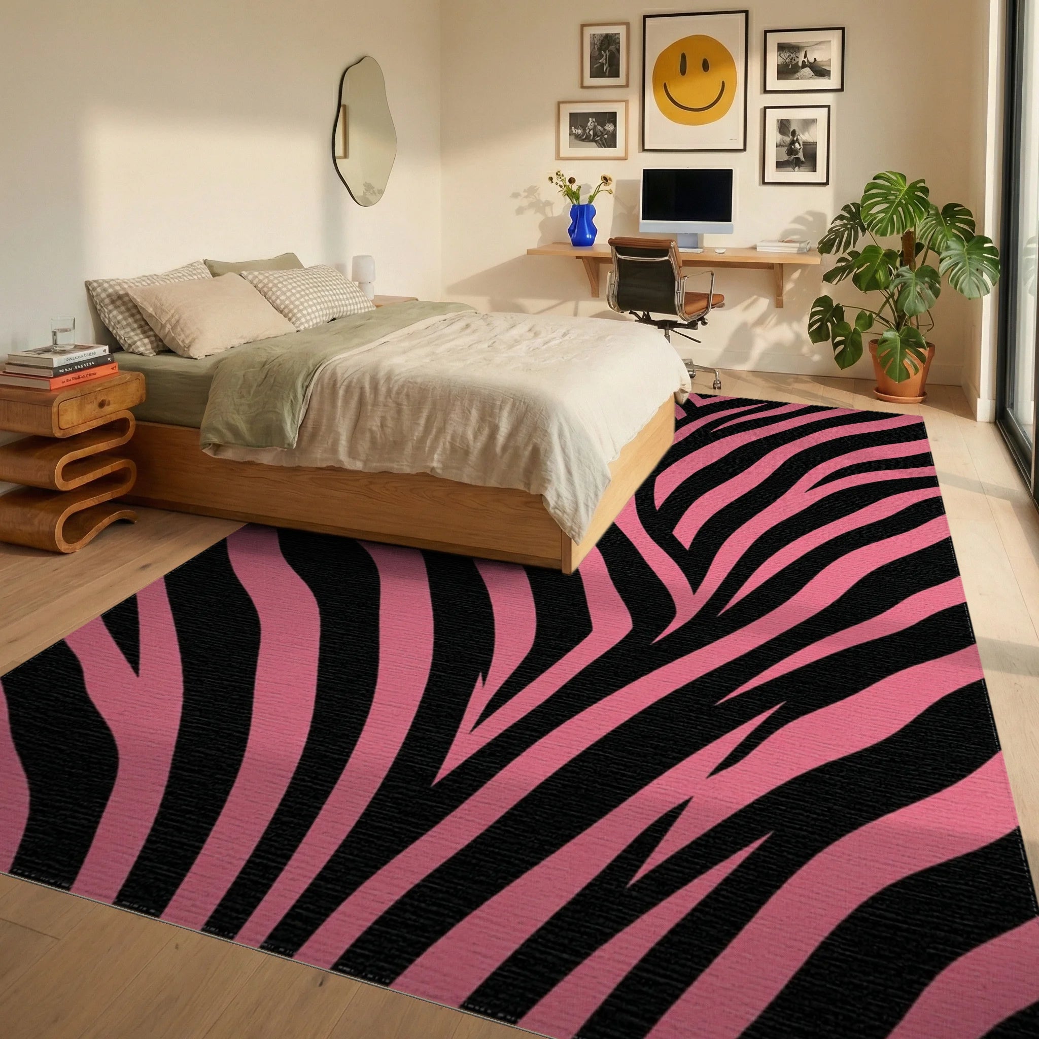 Bold Pink and Black Zebra Stripe Rug Bedroom View