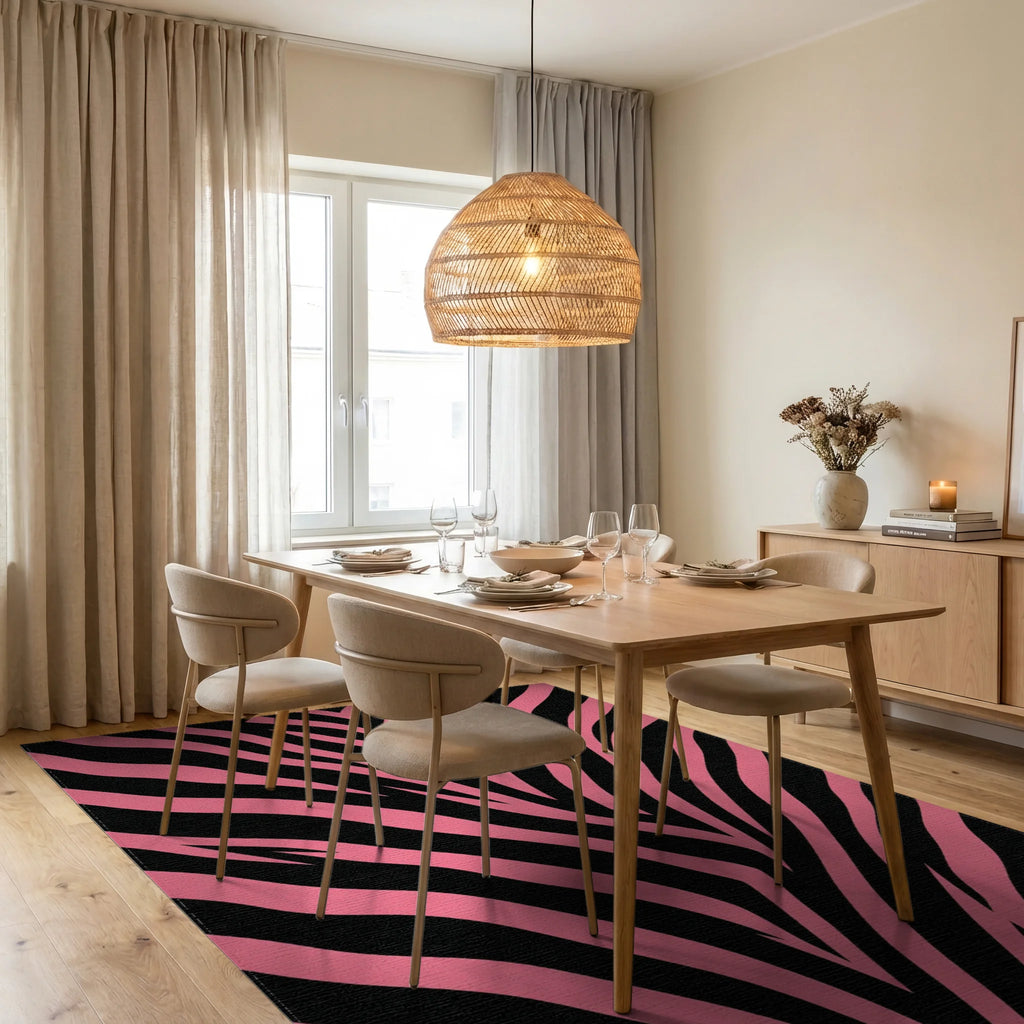 Bold Pink and Black Zebra Stripe Rug Dining Room View