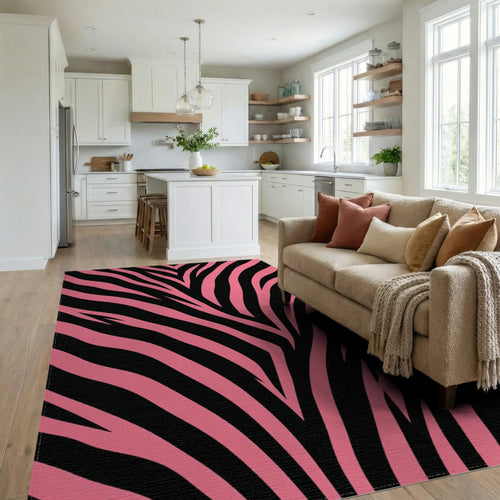 Bold Pink and Black Zebra Stripe Rug Living Room View