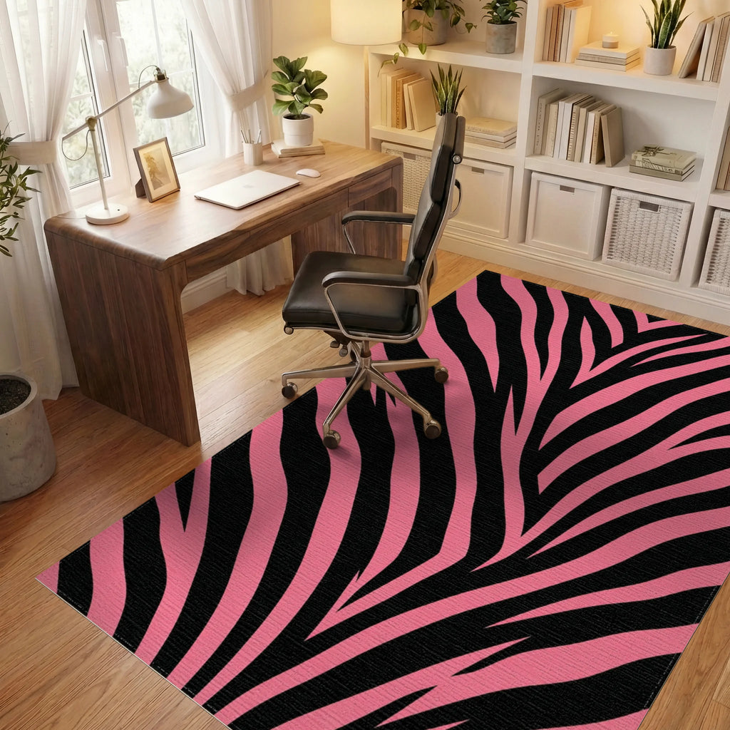 Bold Pink and Black Zebra Stripe Rug Office View