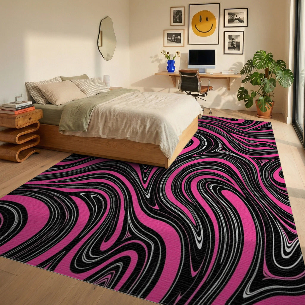 Bold Pink Black Swirl Pattern Rug Bedroom View