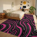 Bold Pink Black Swirl Pattern Rug Bedroom View