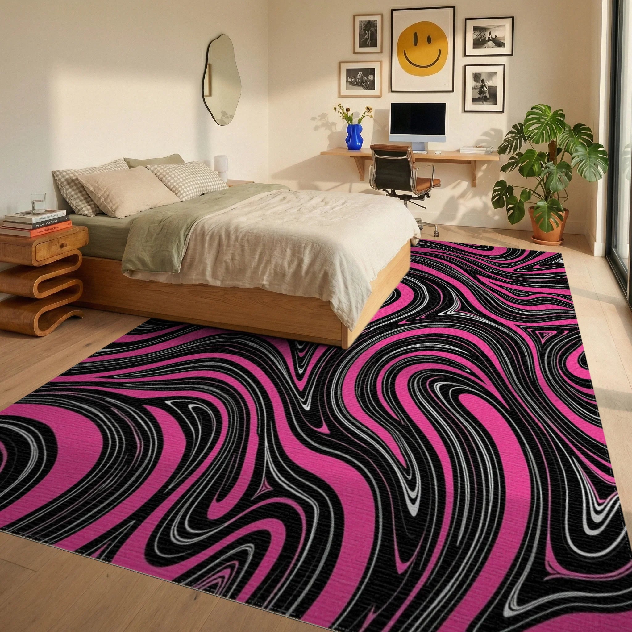 Bold Pink Black Swirl Pattern Rug Bedroom View
