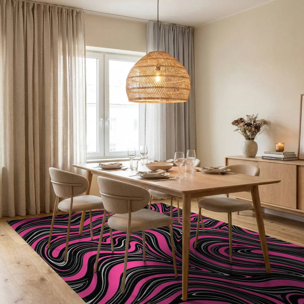 Bold Pink Black Swirl Pattern Rug Dining Room View