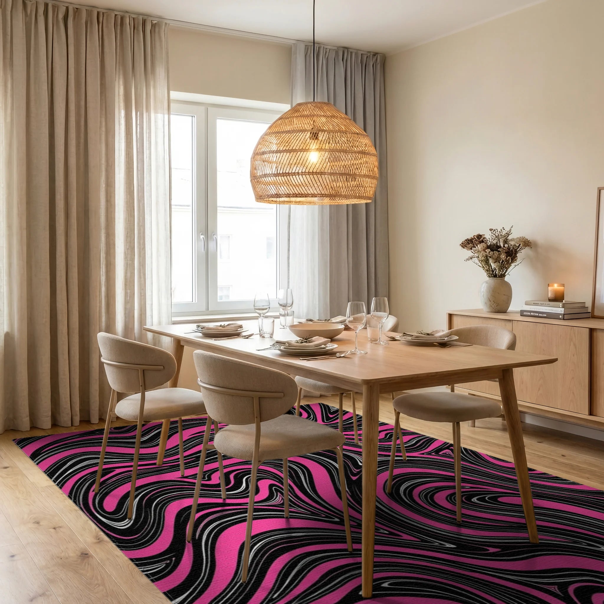 Bold Pink Black Swirl Pattern Rug Dining Room View