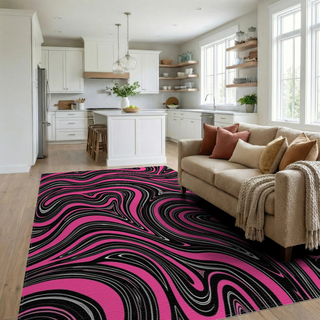 Bold Pink Black Swirl Pattern Rug Living Room View