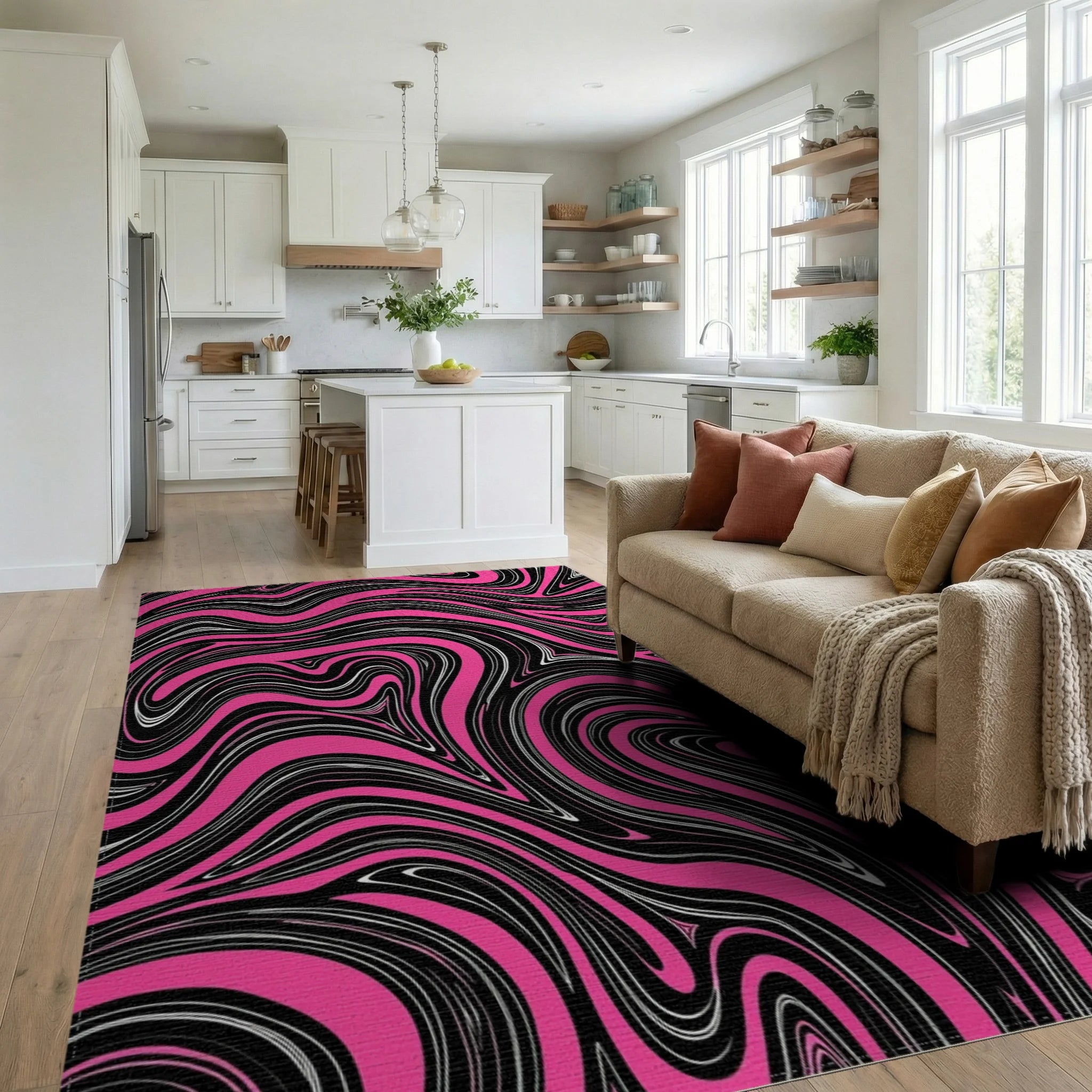 Bold Pink Black Swirl Pattern Rug Living Room View