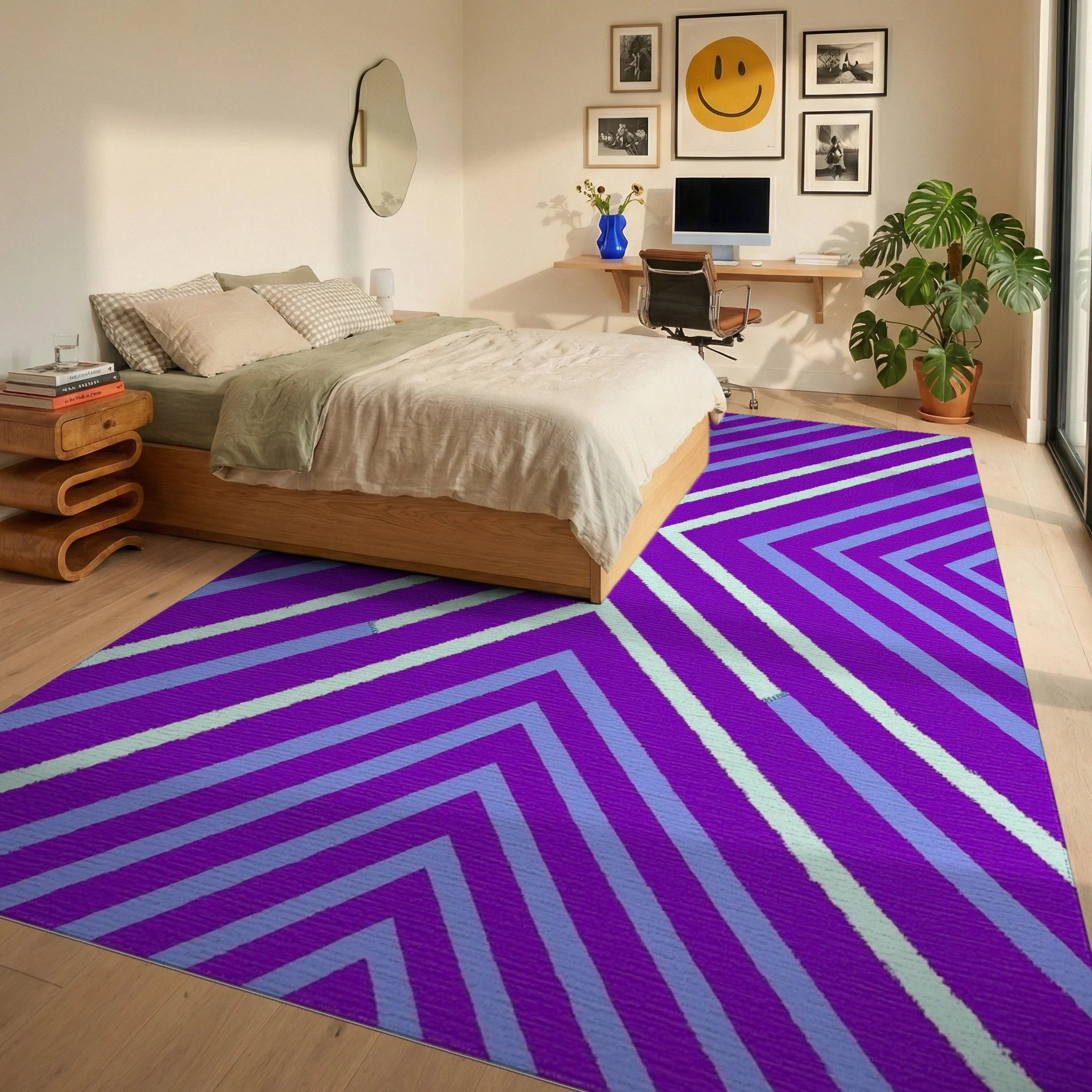 Bold Purple Chevron Stripe Rug Bedroom View