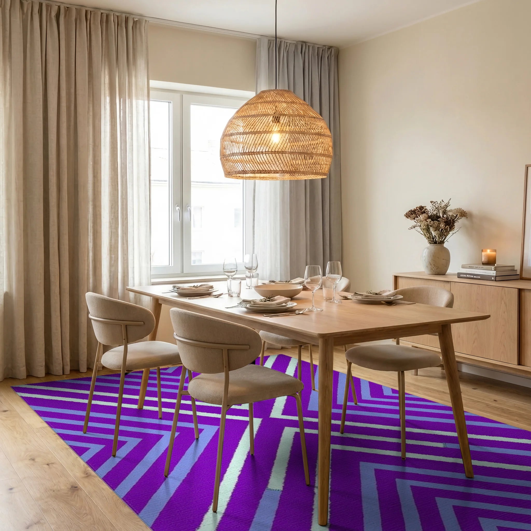 Bold Purple Chevron Stripe Rug Dining Room View