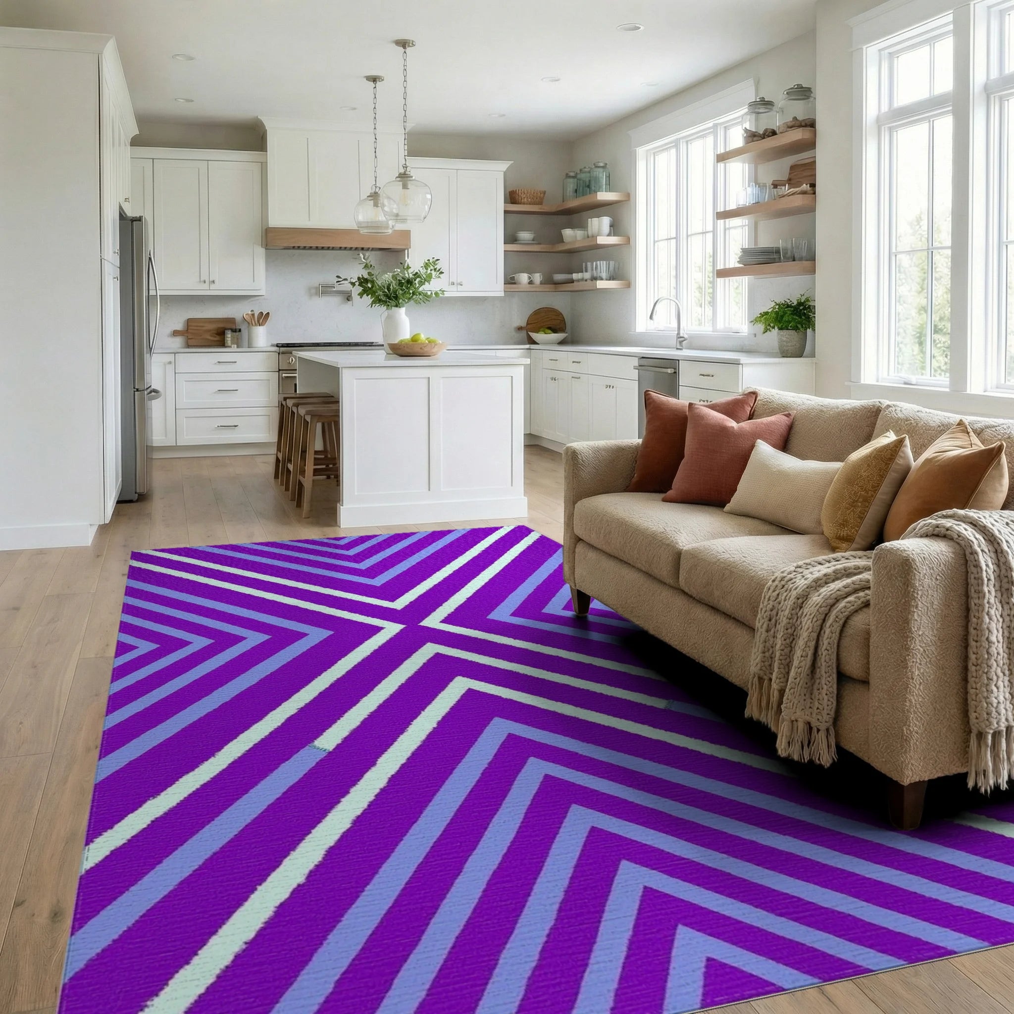 Bold Purple Chevron Stripe Rug Living Room View