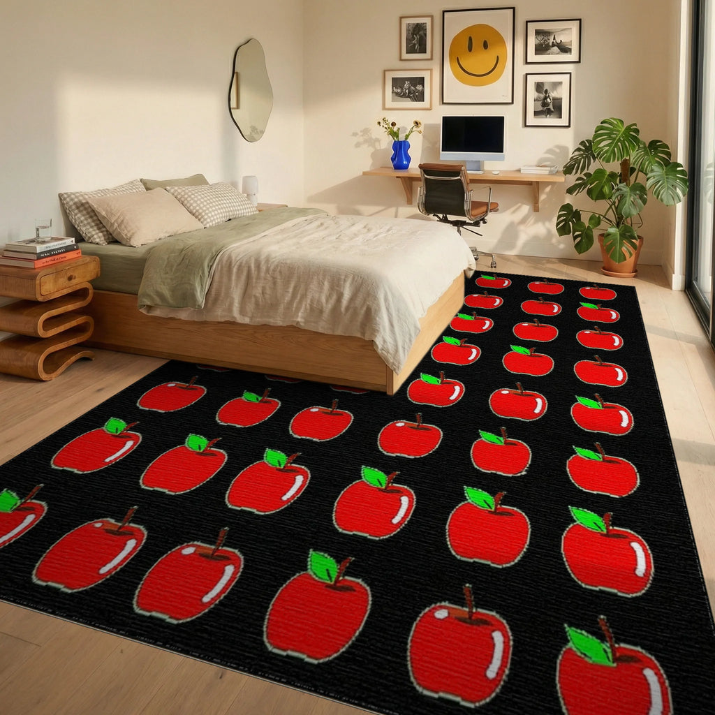Bold Red Apples Green Leaves Rug - Bedroom View