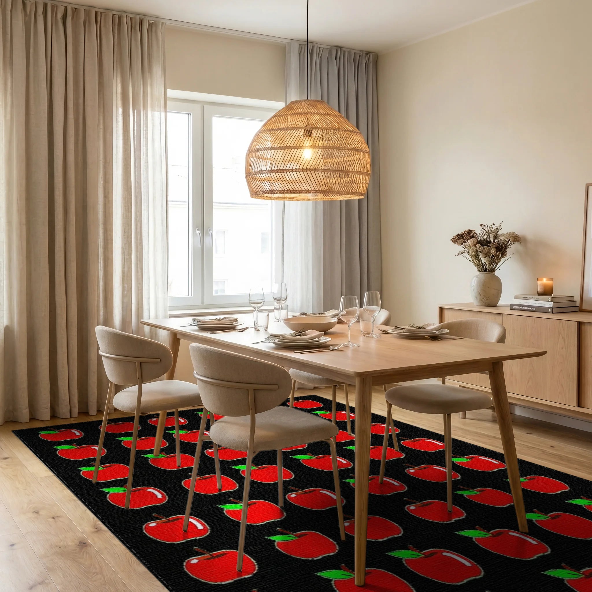 Bold Red Apples Green Leaves Rug - Dining Room View