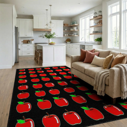 Bold Red Apples Green Leaves Rug - Living Room View