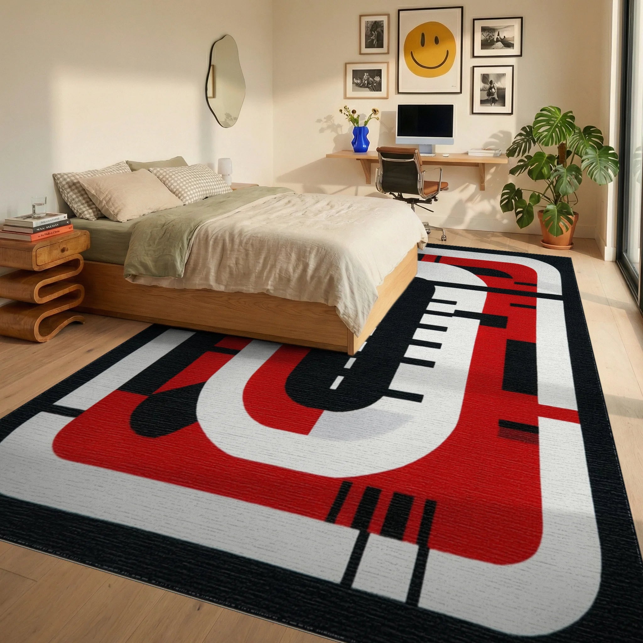 Bold Red Black Abstract Geometric Stripes Rug - Bedroom View