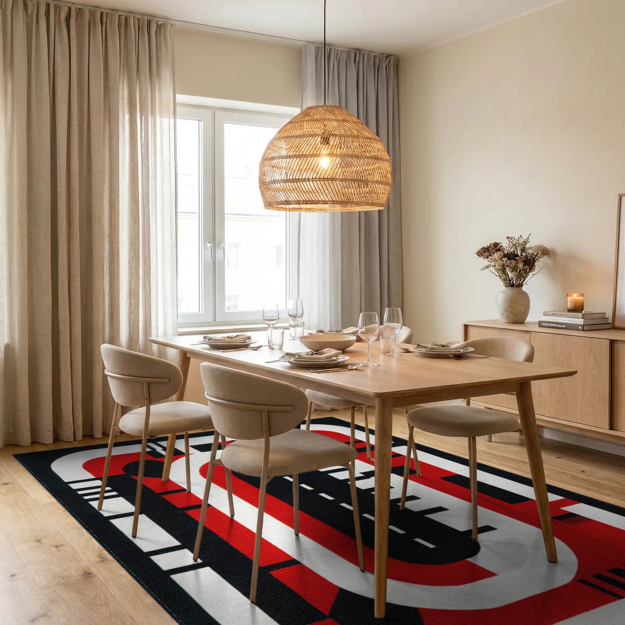 Bold Red Black Abstract Geometric Stripes Rug - Dining Room View