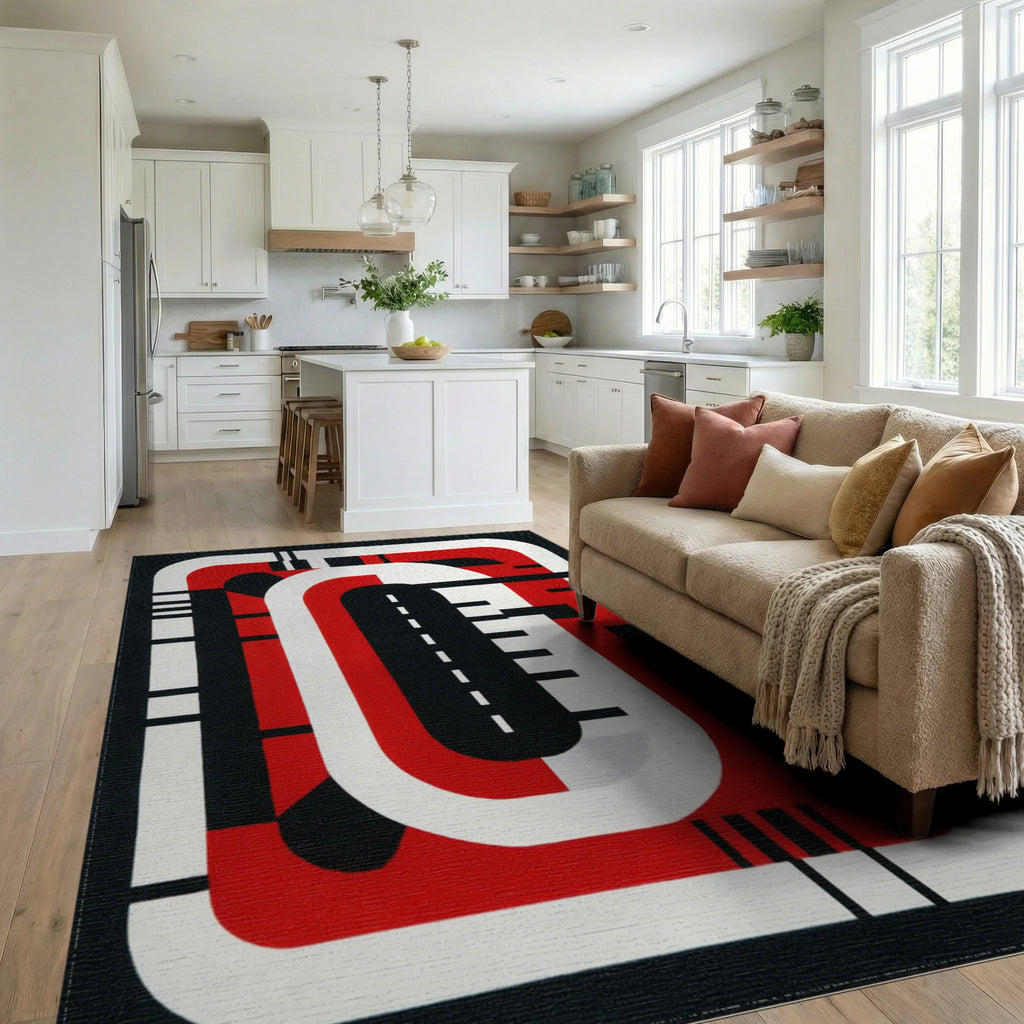 Bold Red Black Abstract Geometric Stripes Rug - Living Room View