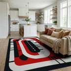 Bold Red Black Abstract Geometric Stripes Rug - Living Room View