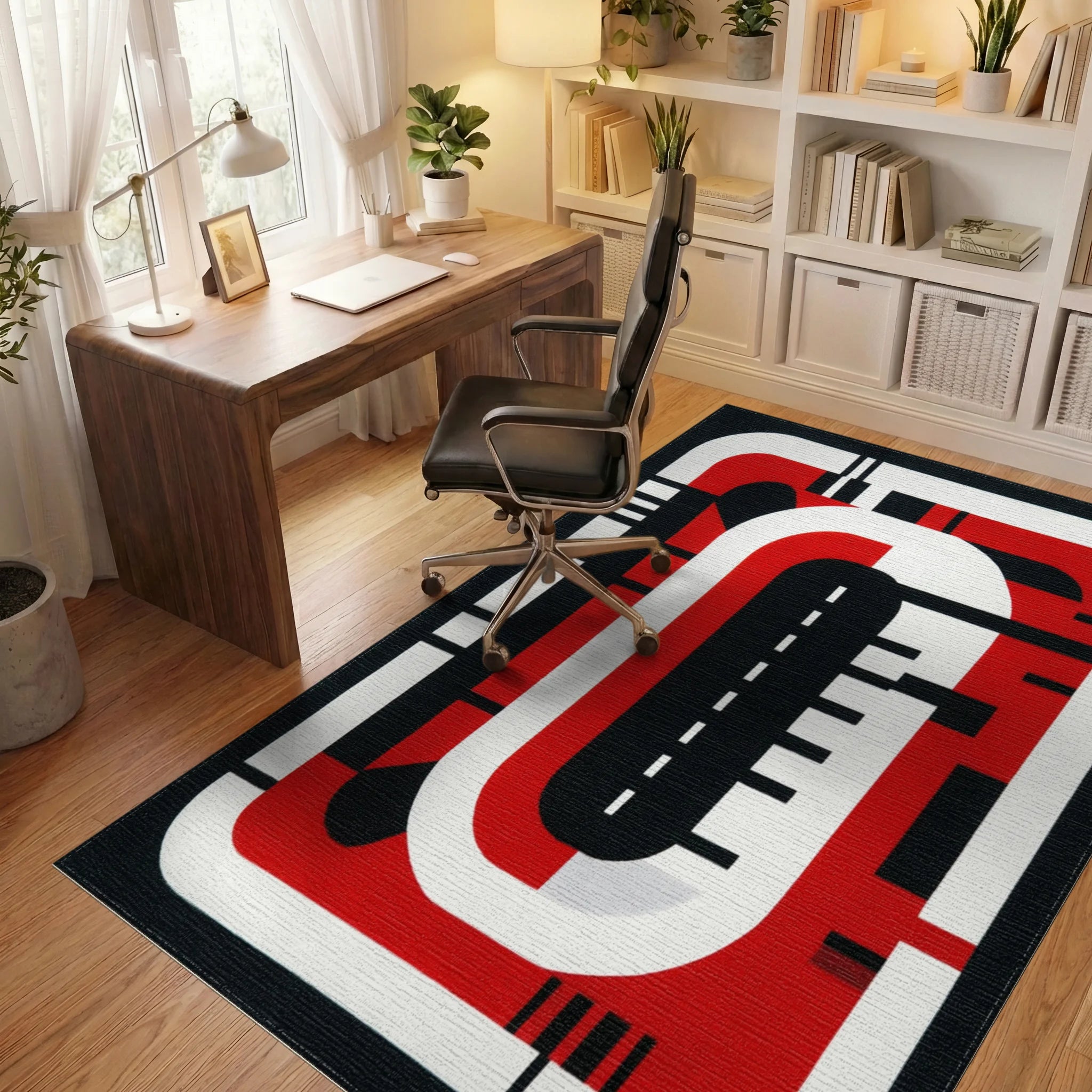 Bold Red Black Abstract Geometric Stripes Rug - Office View