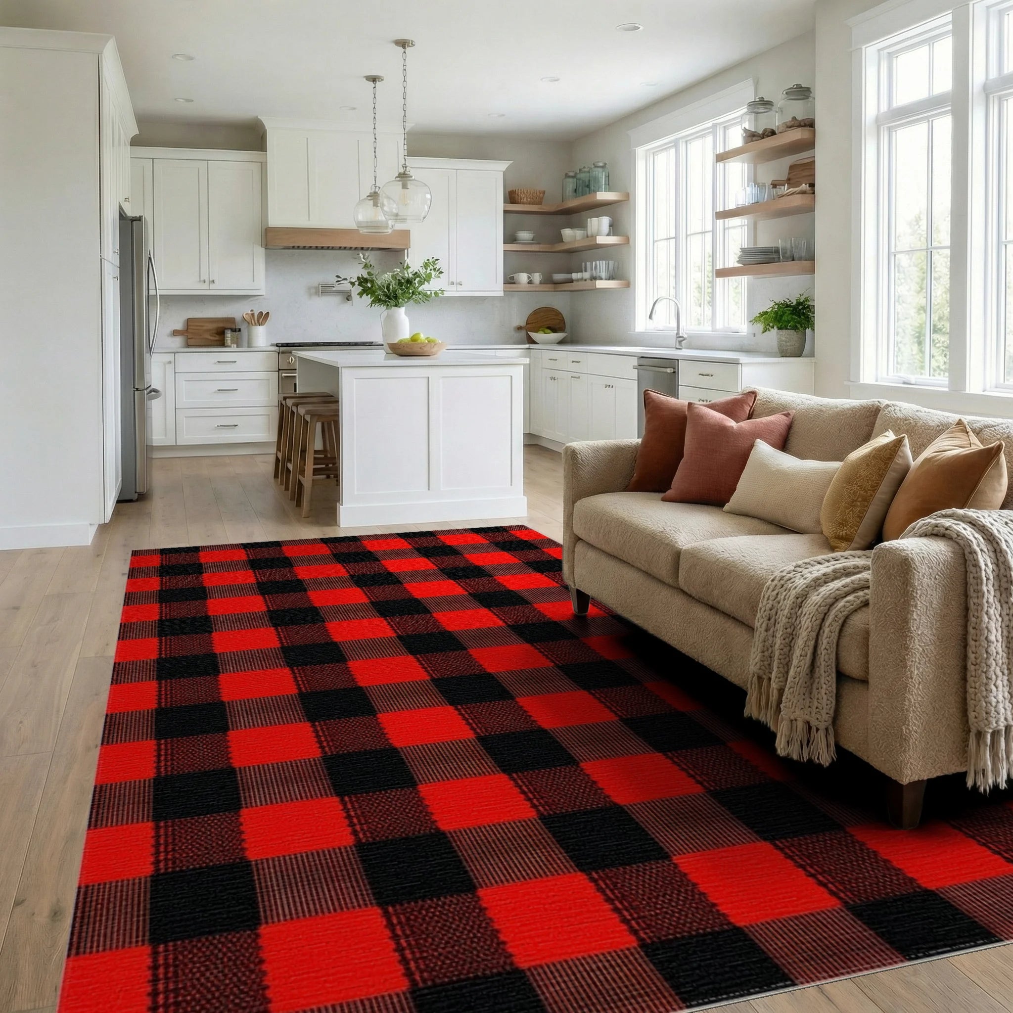 Bold Red Black Buffalo Check Rug - Living Room View