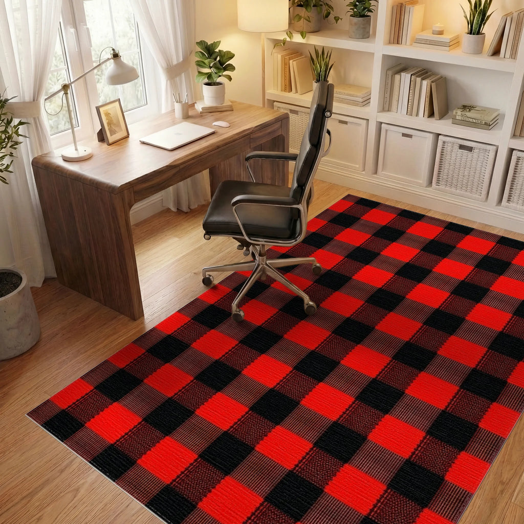 Bold Red Black Buffalo Check Rug - Office View