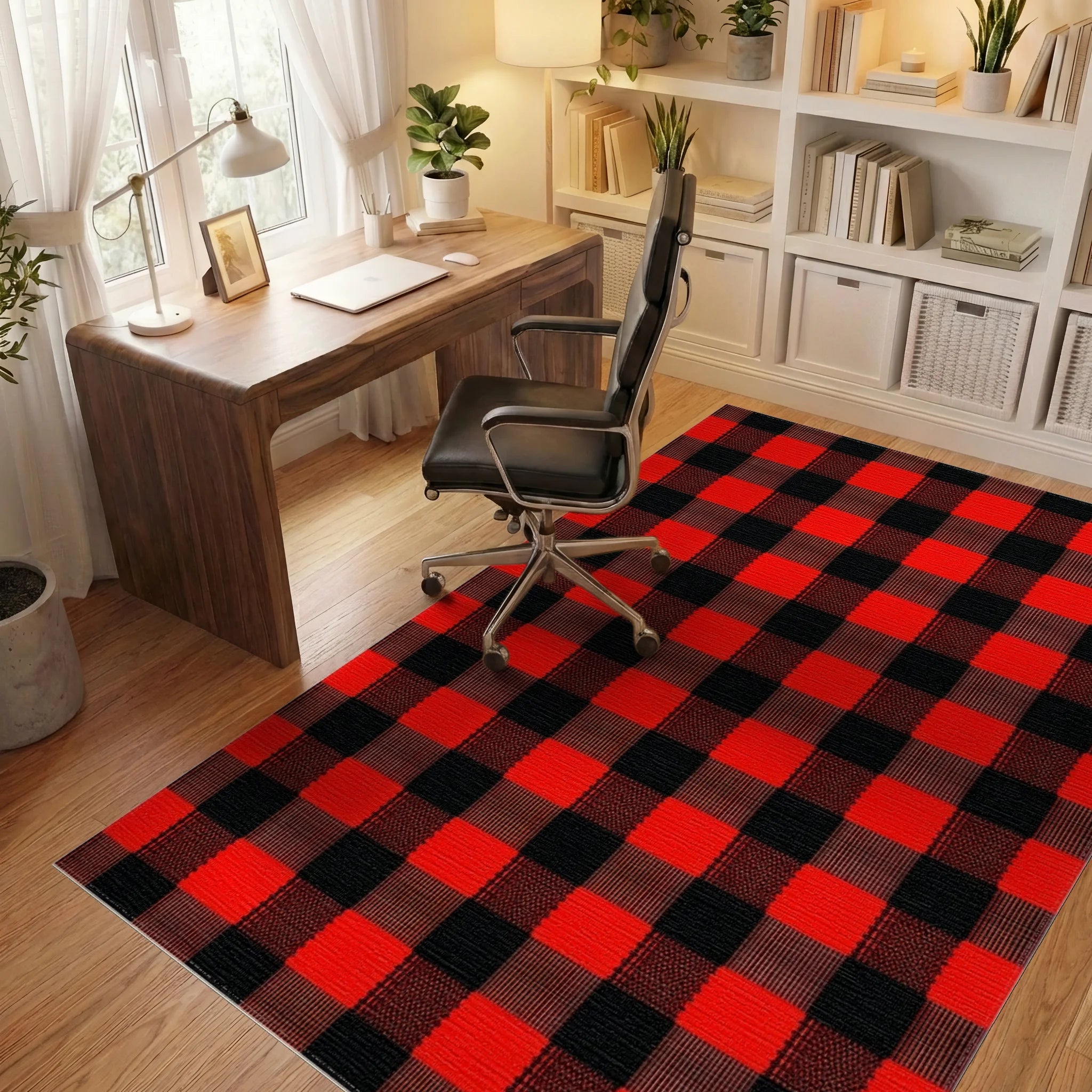 Bold Red Black Buffalo Check Rug - Office View