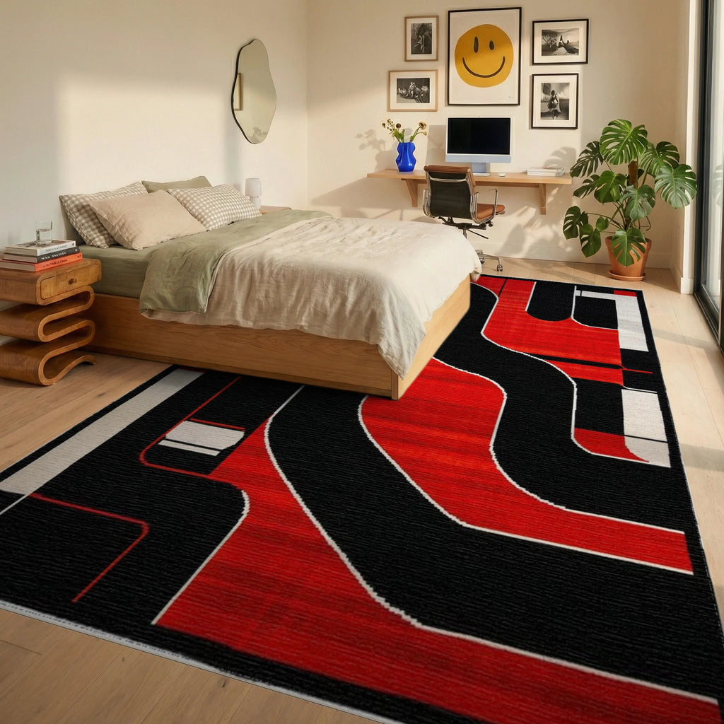 Bold Red Black Geometric Circuit Rug - Bedroom View