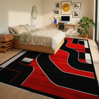 Bold Red Black Geometric Circuit Rug - Bedroom View