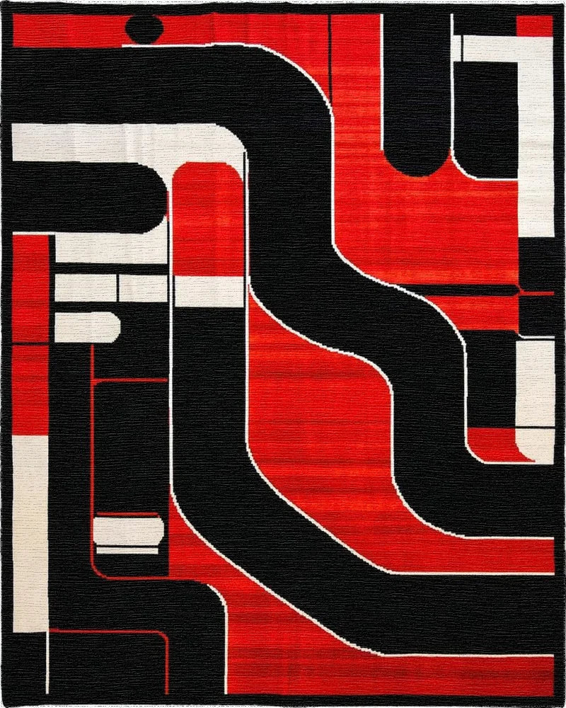 Bold Red Black Geometric Circuit Rug - Cutout View