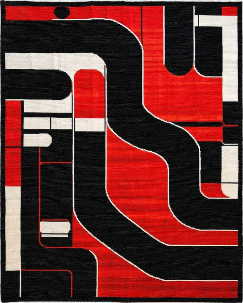 Bold Red Black Geometric Circuit Rug - Cutout View