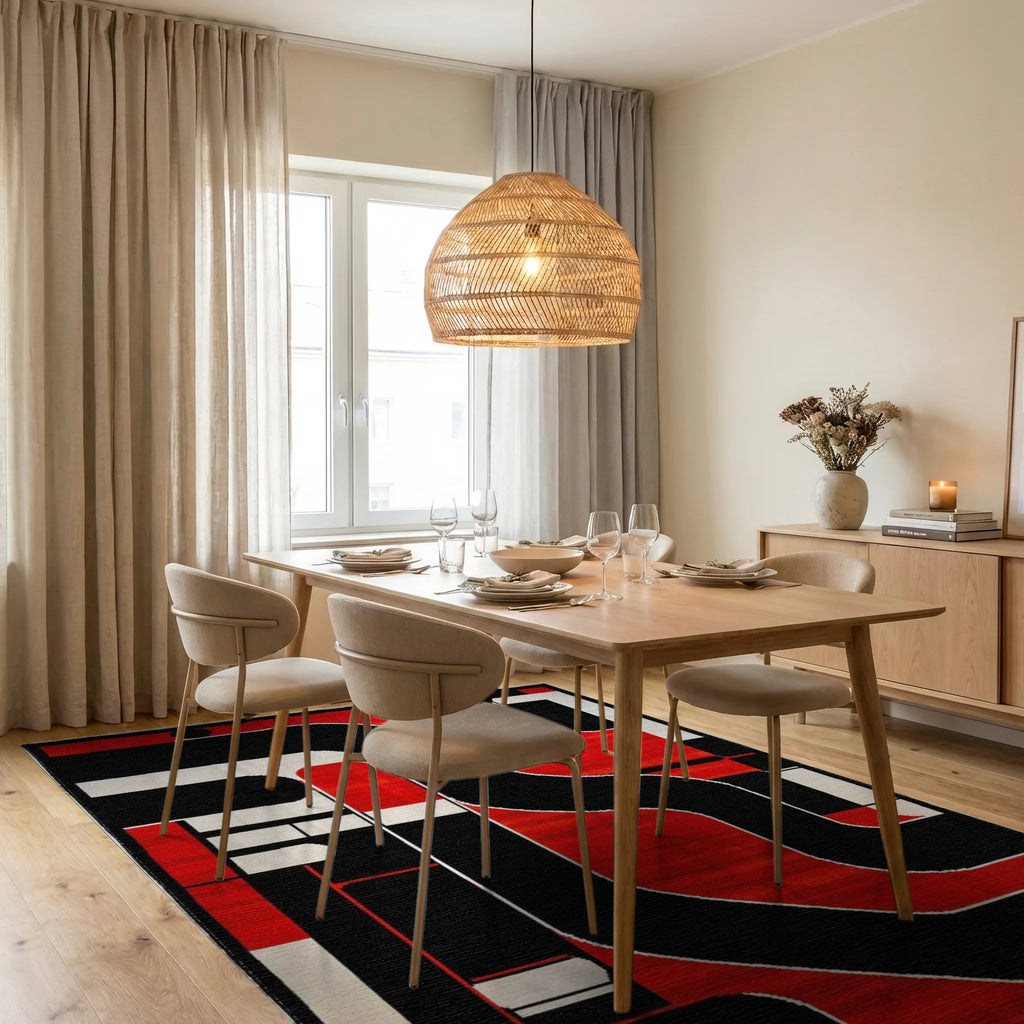 Bold Red Black Geometric Circuit Rug - Dining Room View