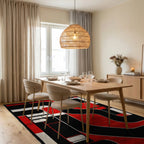 Bold Red Black Geometric Circuit Rug - Dining Room View