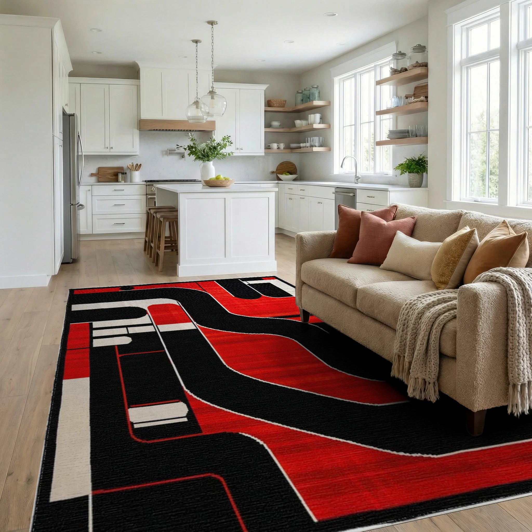 Bold Red Black Geometric Circuit Rug - Living Room View