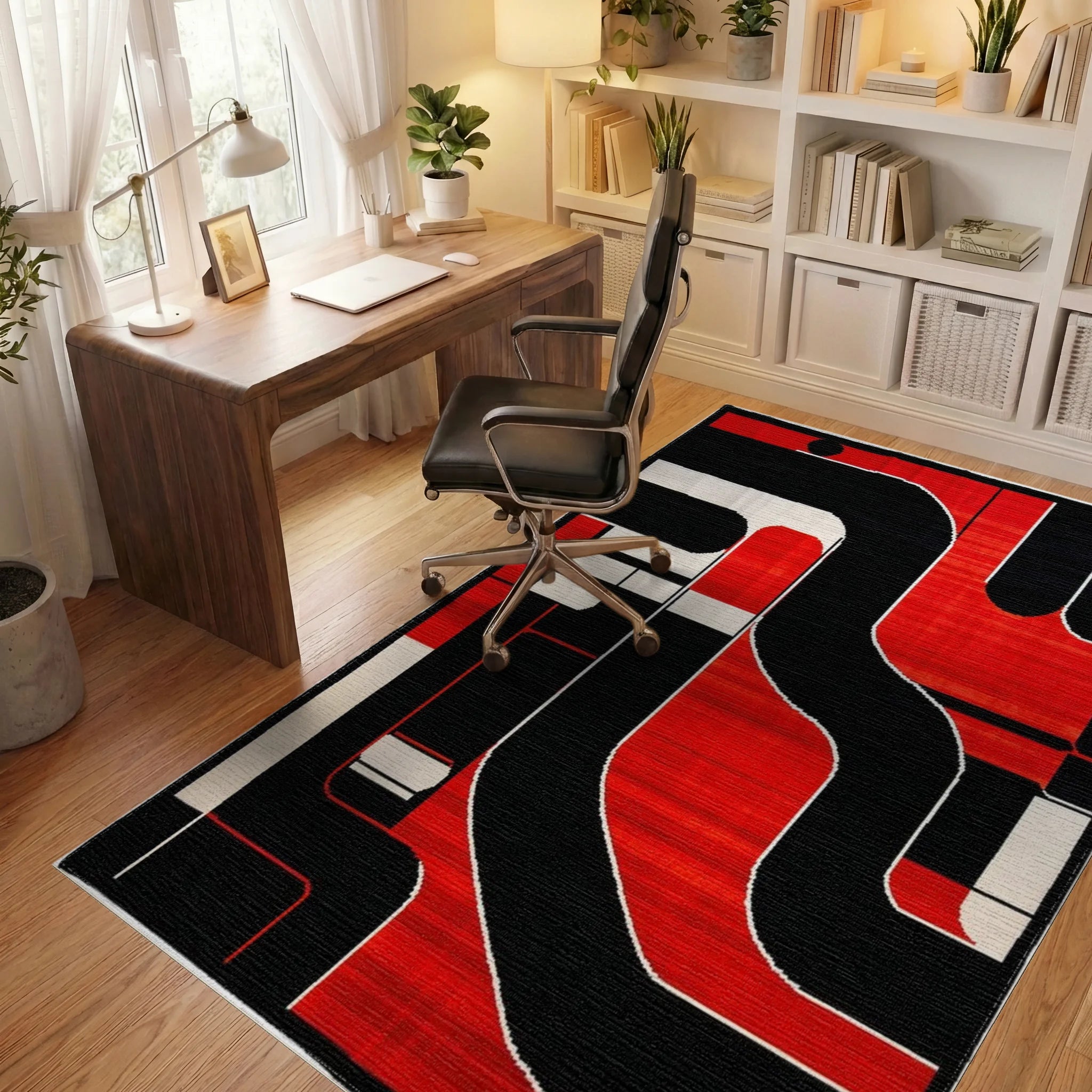 Bold Red Black Geometric Circuit Rug - Office View