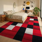 Bold Red Black Gradient Squares Rug - Bedroom View