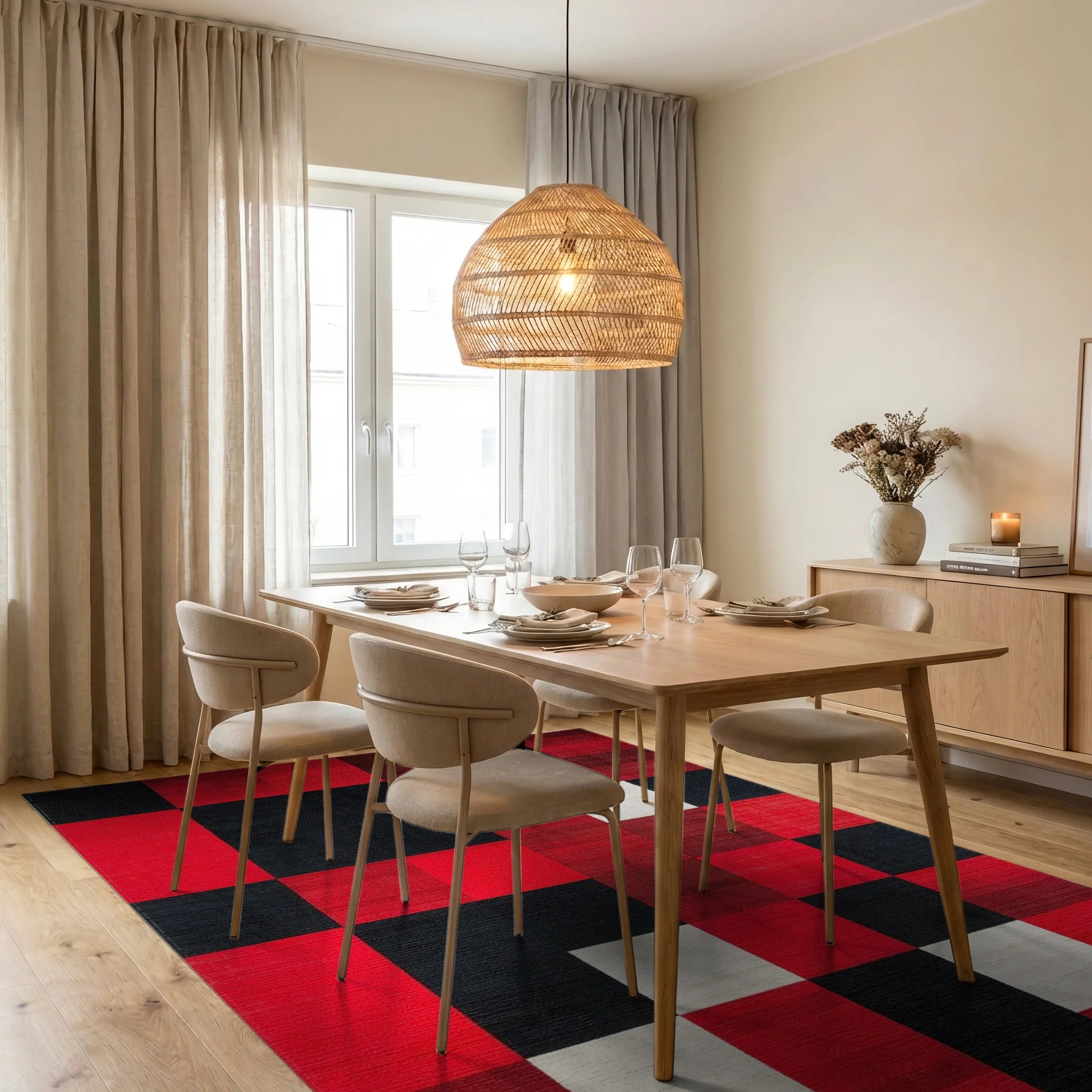 Bold Red Black Gradient Squares Rug - Dining Room View