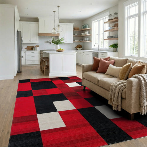 Bold Red Black Gradient Squares Rug - Living Room View
