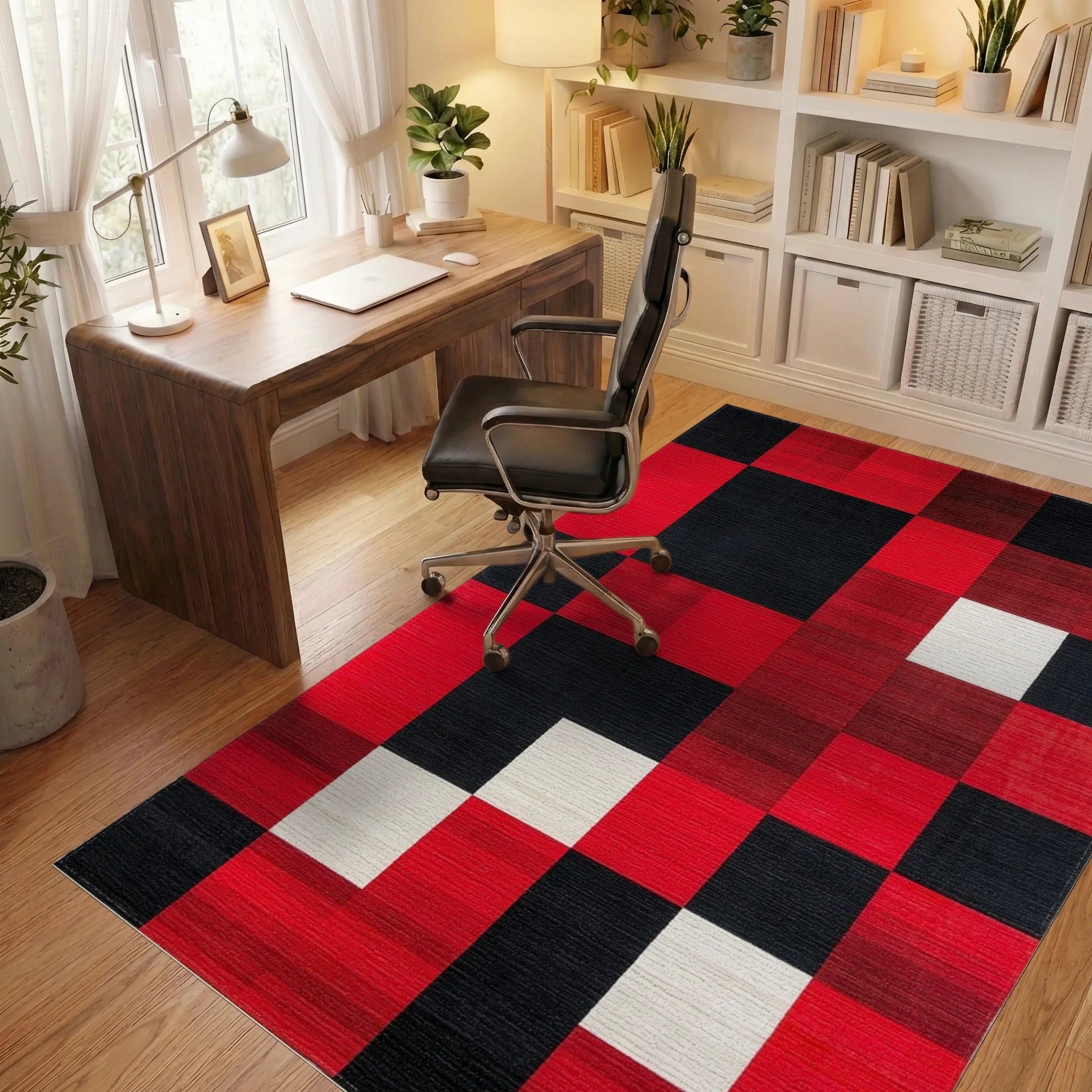 Bold Red Black Gradient Squares Rug - Office View