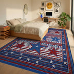 Bold Red Blue Star Stripes Rug - Bedroom View
