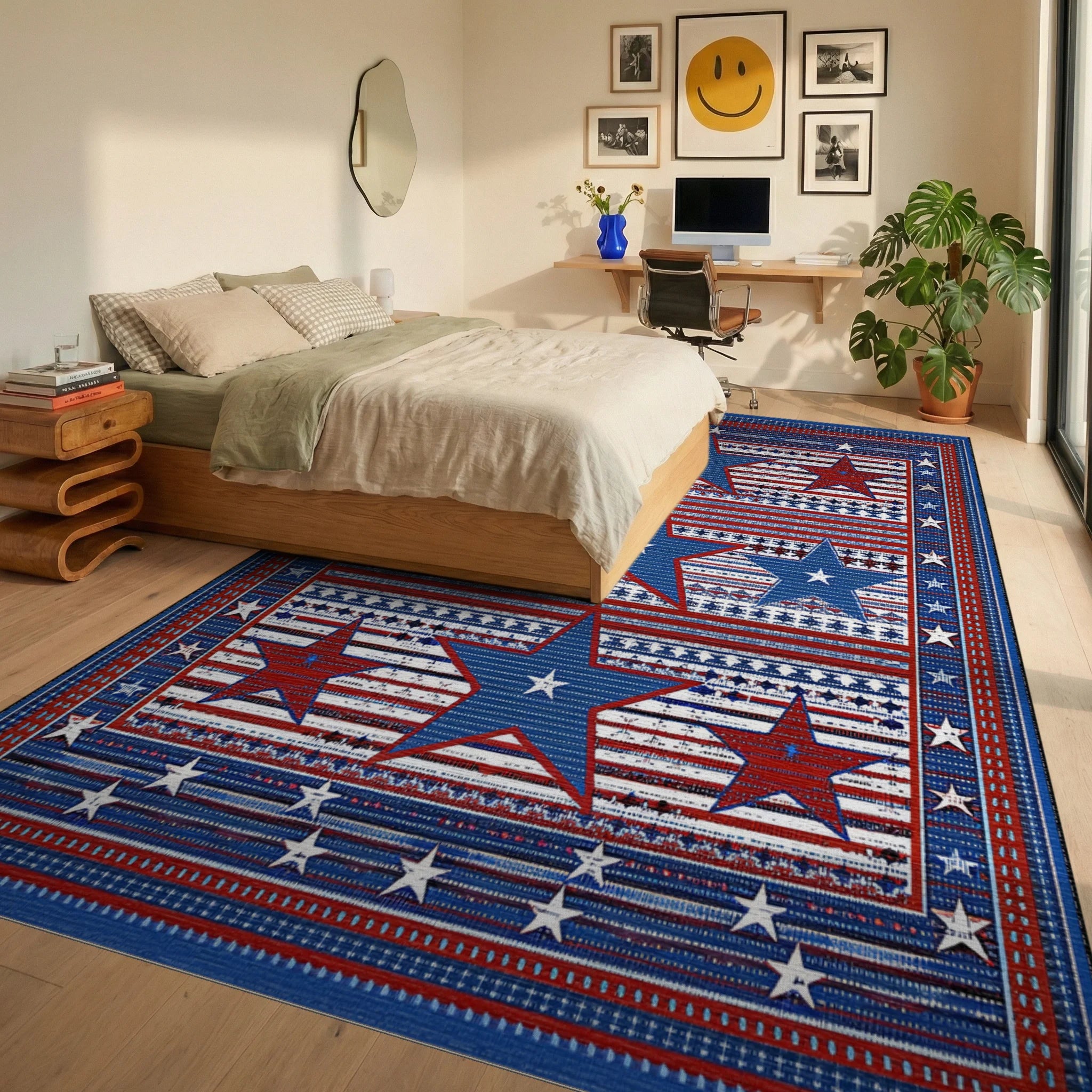 Bold Red Blue Star Stripes Rug - Bedroom View