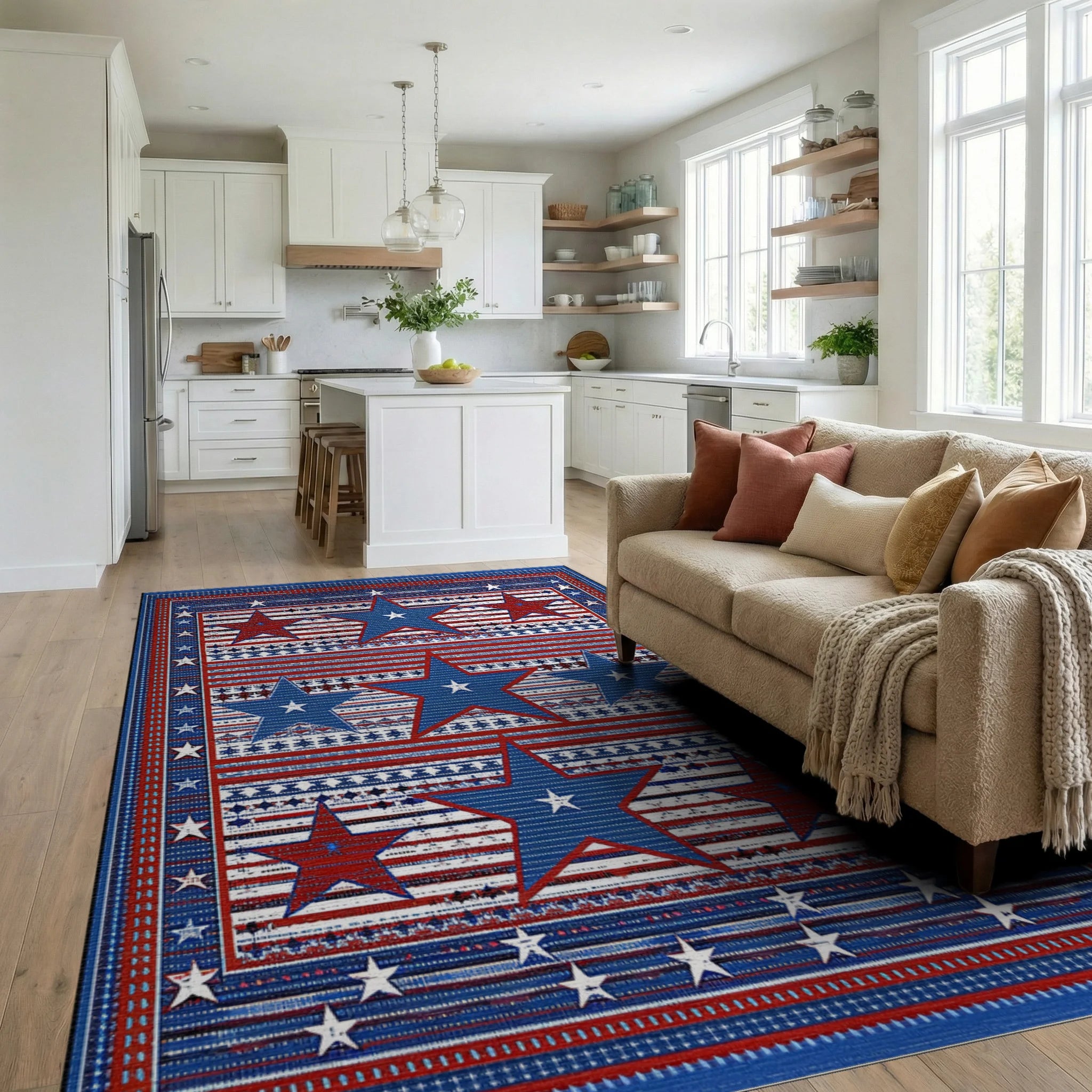 Bold Red Blue Star Stripes Rug - Living Room View