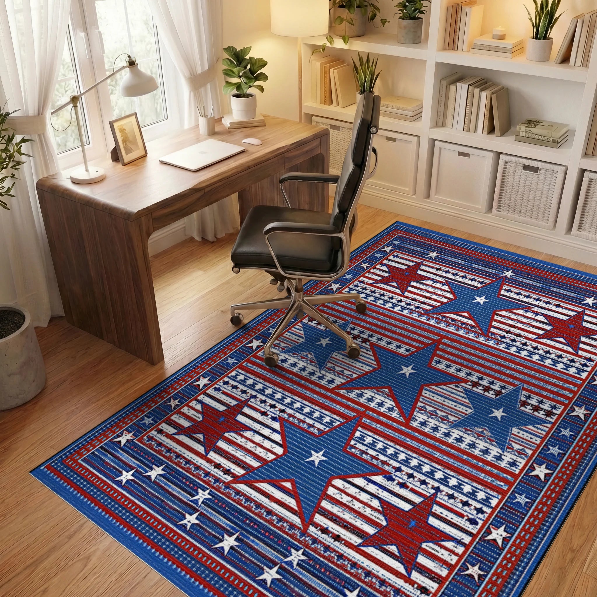 Bold Red Blue Star Stripes Rug - Office View