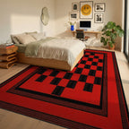 Bold Red Checkered Board Frame Rug - Bedroom View