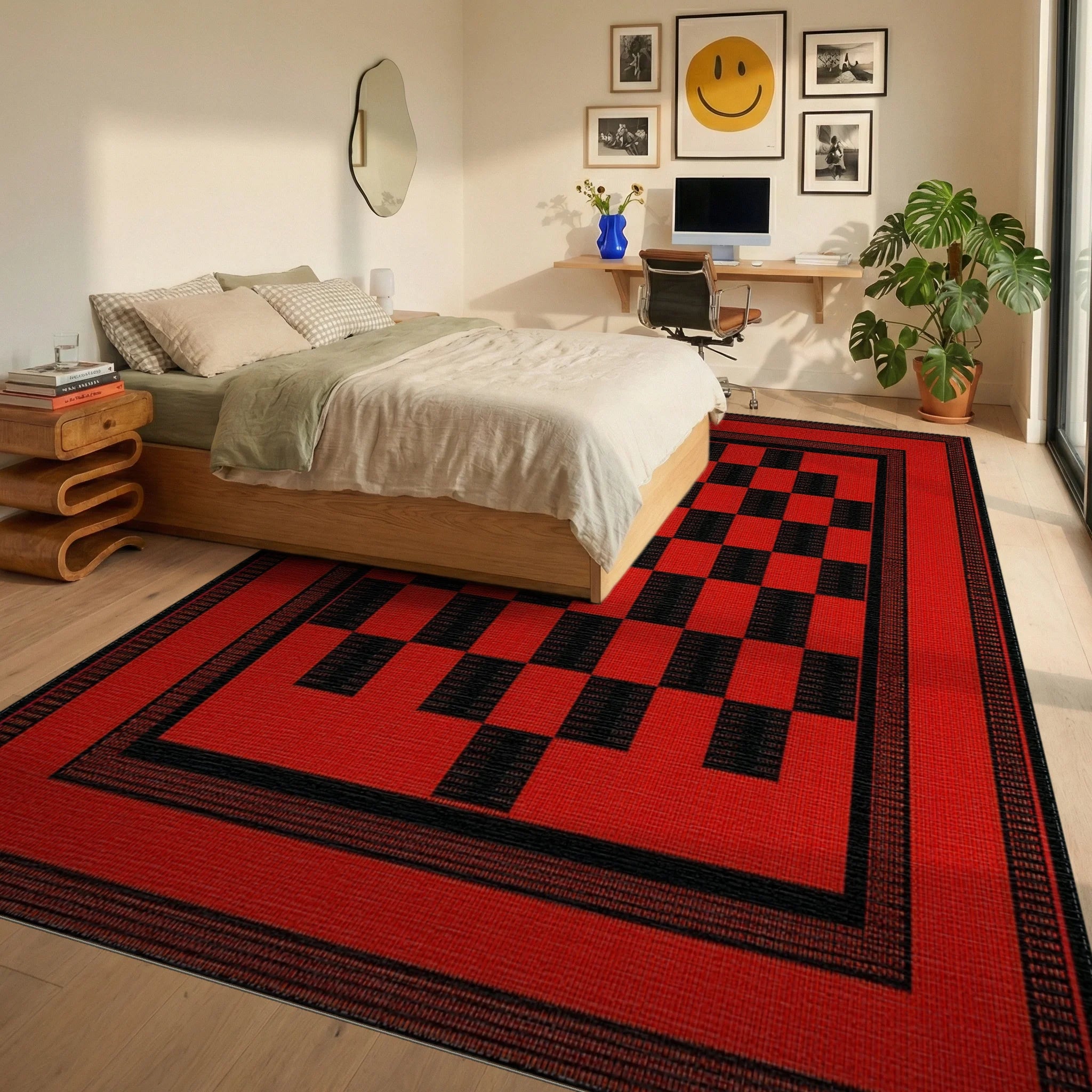 Bold Red Checkered Board Frame Rug - Bedroom View