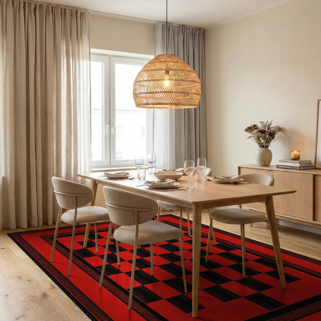 Bold Red Checkered Board Frame Rug - Dining Room View