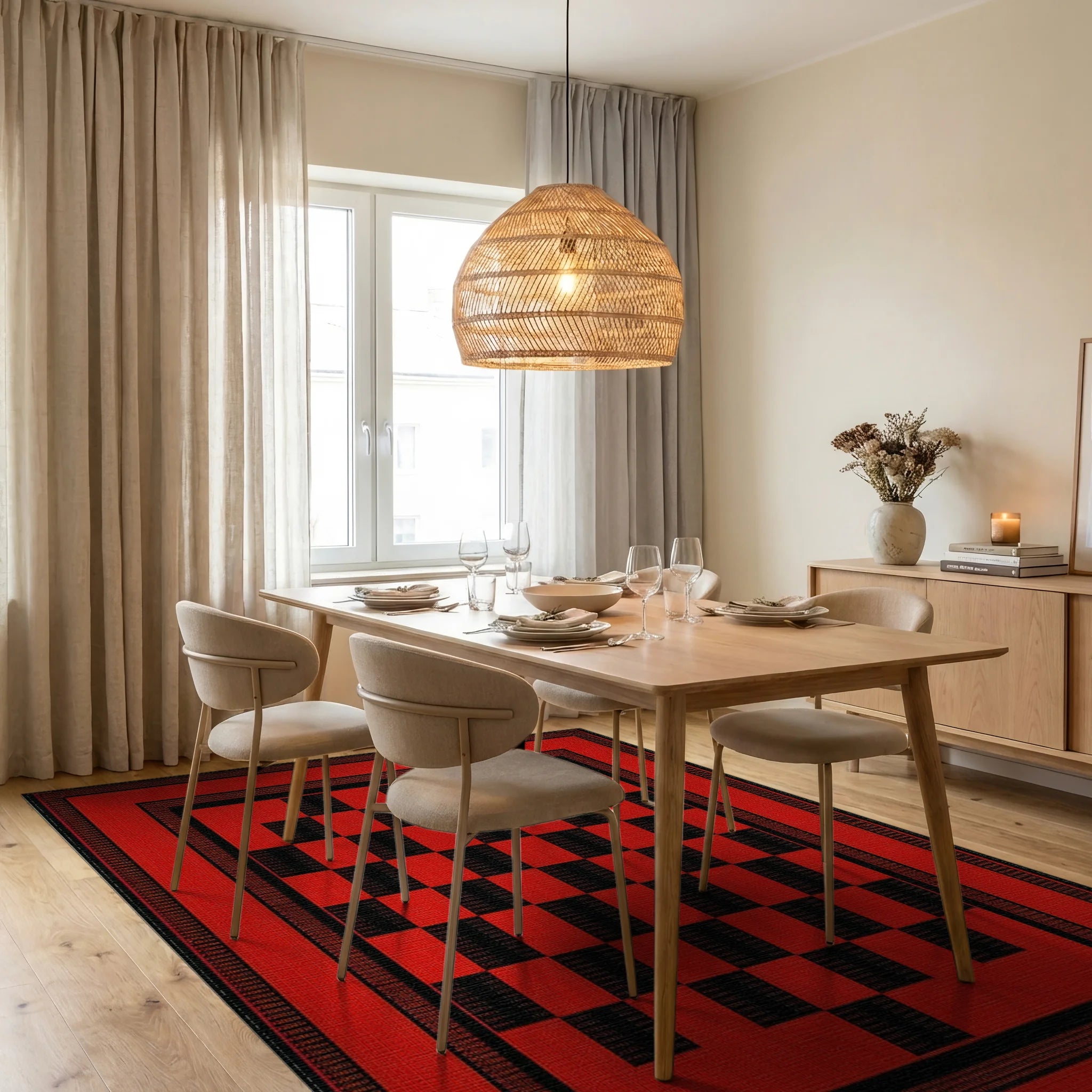 Bold Red Checkered Board Frame Rug - Dining Room View